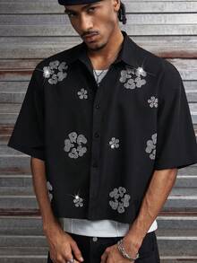 AXEPEAK Men's Casual Rhinestone Button Short Sleeve Shirt - Black - View 2