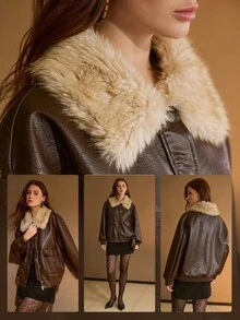 MOTF PREMIUM 女士秋冬PU仿皮宽松撞色毛领外套 - 咖啡棕 - 查看 8