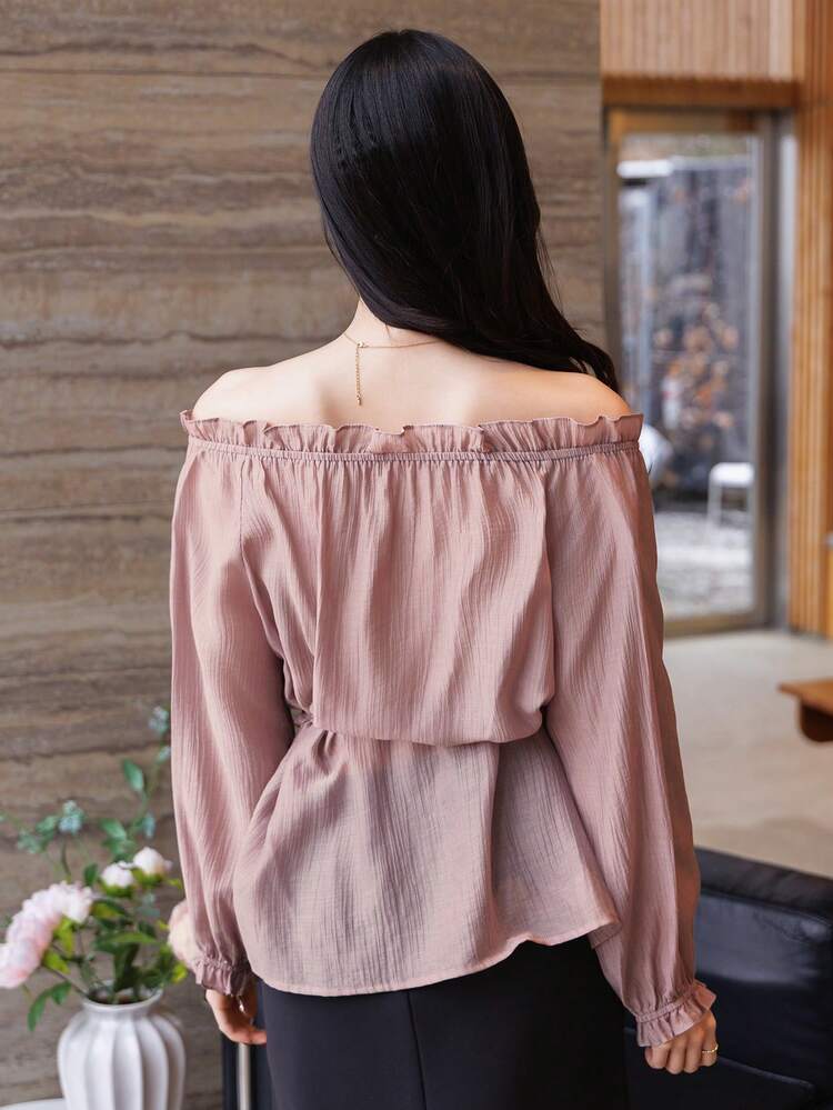 Off Shoulder Blouse Women, Niche Design High-End Ruffled Tie-Waist Long Sleeve Chiffon Top Spring