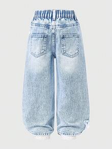 Jeans rectos con bordados y desgaste para niñas jóvenes, de estilo universitario casual y cómodo. Lavado claro, tela suave de color azul - Lavado ligero - Ver 2