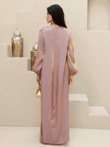 Al Najma 女士圆领长袖串珠优雅宽松阿拉伯风格连衣裙 - 粉色 - 查看 3