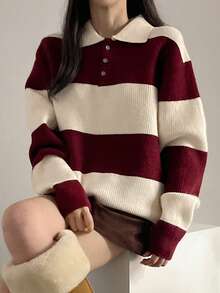 DAZY Women's Collared Striped Patchwork Contrast Color Half-Zip Sweater - Burgundy - View 2