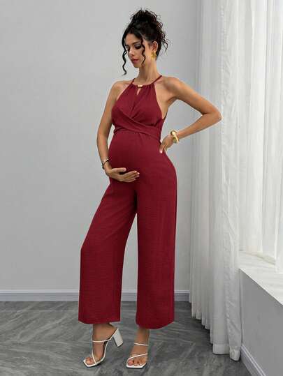 Momance Maternity Jumpsuit With Wooden Bead Halter Neck, Tie Front And Bowknot At Back Waist