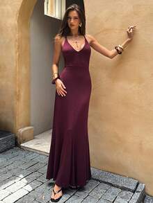 SHEIN BAE 女士性感露背纯色收腰吊带连衣裙，适合夏季度假 - 酒紅色 - 查看 7