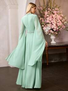 MOTF PREMIUM 女士高领及地晚礼服，饰有水钻，雪纺超长袖修身连衣裙，完美适用于正式场合 - 綠色 - 查看 4