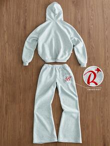 TOKVUE Bộ đồ thể thao nam màu xám trơn, co giãn, phong cách đường phố, chi tiết thêu, đồ thể thao nam, bộ đồ thể thao 2 mảnh nam. - Màu Xám nhạt - Xem 3