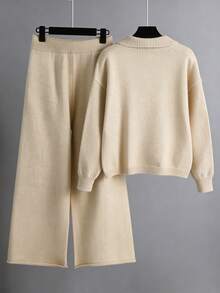 Franclia Loose Fit Polo Collar Long Sleeve Top And Wide Leg Drawstring Casual Pants Comfortable Leisure Suit - Khaki - View 2