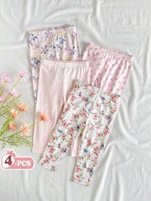 SHEIN Vintaside Kids Bộ 4 quần legging cho bé gái, kiểu dáng thường ngày, kẻ sọc, màu hồng trơn và màu mơ, thoải mái, mềm mại, thân thiện với da, giá cả phải chăng, phù hợp cho bé chơi trong nhà hoặc ngoài trời vào mùa xuân/hè. - Nhiều màu - Xem 2