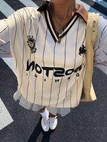 Muchica 女士休闲时尚街头通勤字母条纹印花V领宽松T恤，春秋季 - 黃色 - 查看 5