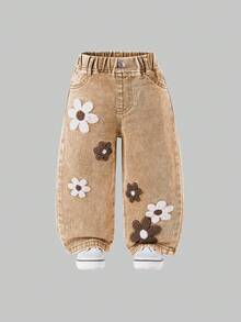 Baby/Infant Girls' Fashion Snowflake Distressed Embroidered Flare Pants - Khaki - View 3
