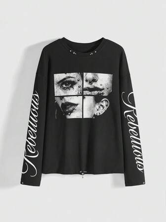 ROMWE Avant Camiseta holgada de mujer con estampado retro de eslogan de labios, decoración de ojales y remaches, estilo streetwear Y2K