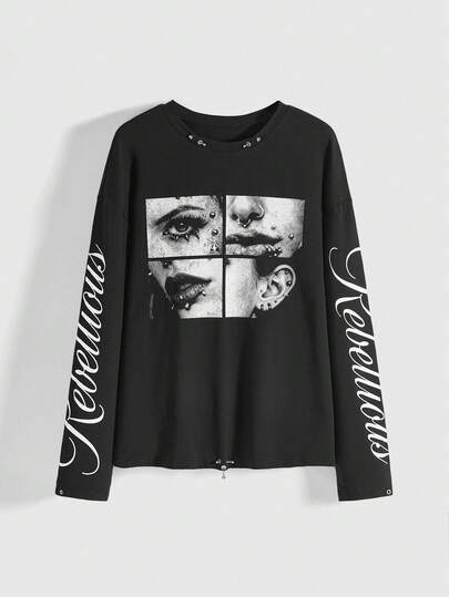 ROMWE Avant T-shirt oversize da donna in stile Y2K streetwear con grafica retrò con slogan a labbra, decorata con occhielli e rivetti