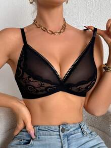 SHEIN Elacene 1件加大码蕾丝拼接薄纱无钢圈文胸 - 黑色 - 查看 1