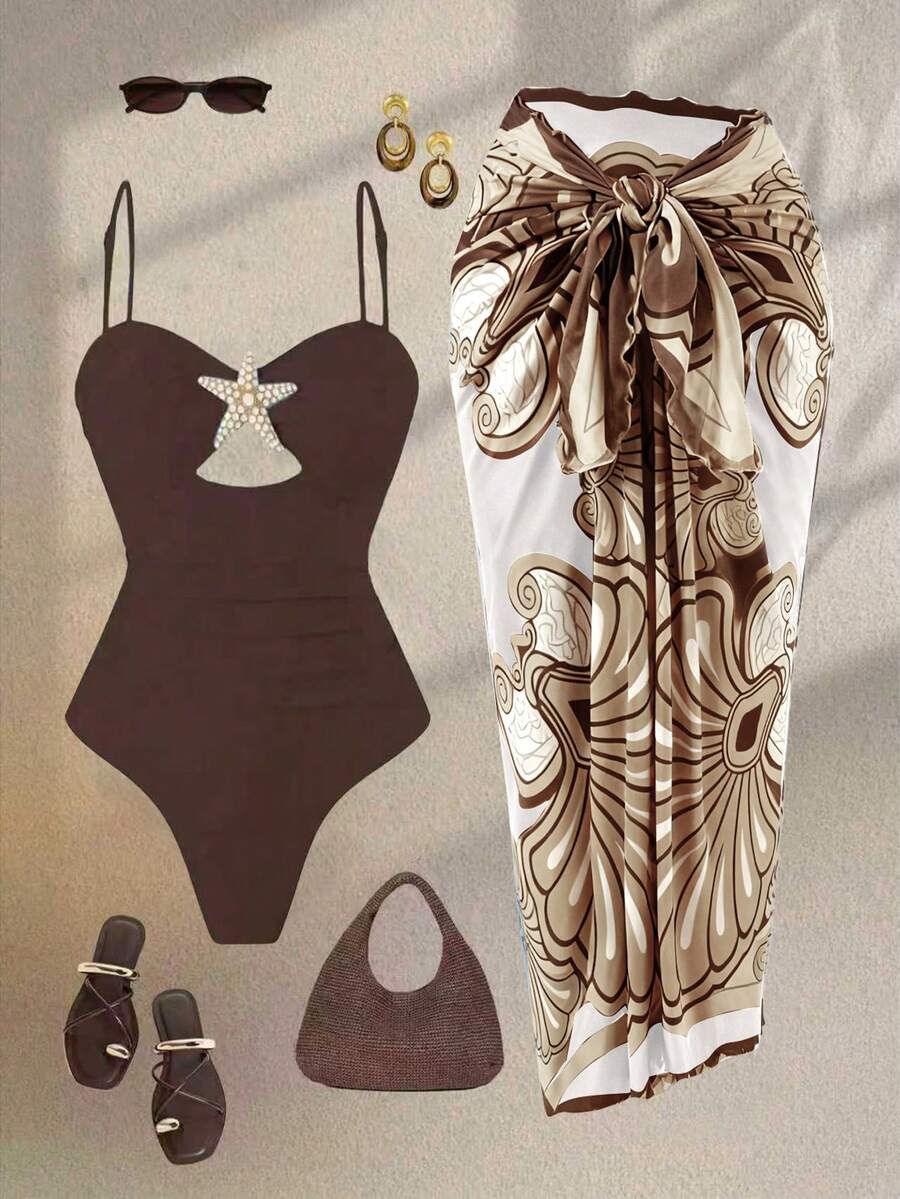 Swim Oasis 女士夏季沙滩度假镂空海星装饰褶皱收腹连体泳衣,带系带长裙 - 咖啡棕 - 查看 1