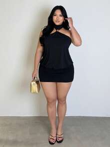 Firerie 大码舒适休闲优雅度假针织弹力褶皱口袋修身金属装饰纽扣无袖短款紧身连衣裙，适合春夏穿着。 - 黑色 - 查看 7