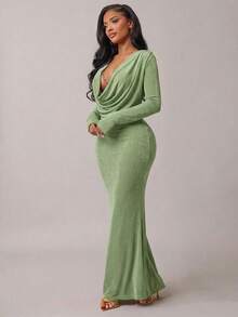 Radiana 女士优雅薄荷绿垂褶领长袖鱼尾连衣裙，适合约会、聚会、生日、派对、毕业典礼、宴会、鸡尾酒会和正式场合，秋冬季 - 薄荷綠 - 查看 4