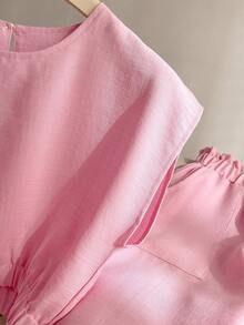 Elladie kids 两件套女童休闲套装，圆领蝙蝠袖衬衫搭配带口袋的松紧腰直筒裤，亚麻质感面料，适合日常穿着。 - 玫紅色 - 查看 7