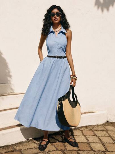 Poéselle Women's Sundress Collared Halter Button-Front Midi Sundress – Light Blue -Blend Fit-And-Flare Vacation Dress Collared Halter Dress,  Sundress, Blue Midi Dress, Fit And Flare Summer Dress, Pocket Sundress, Coastal Chic Outfit, Vacation Capsule Wardrobe, Cottagecore Dress Sleeveless Backless Halter Neck Waisted Long Dress, Casual Vacation Style, Summer Summer Dresses For Women Casual Long Dress Blue Maxi Dress Women
