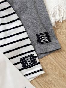 Playful Pals Bộ 6 món cho bé trai, kiểu dáng thường ngày, dễ thương, màu trơn, kẻ sọc, in chữ, tay ngắn cổ tròn và quần short cạp chun, mềm mại và thoải mái, thích hợp cho các hoạt động ngoài trời mùa xuân/hè, ở nhà và mặc hàng ngày. - Nhiều màu - Xem 7