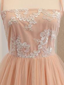 Teen Girl Round Neck Floral Embroidery Mesh Sleeveless Elegant Dress - Multicolor - View 5