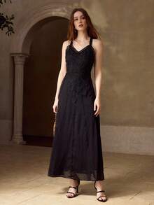 MOTF PREMIUM WOMEN'S V-NECK LACE TRIM MIDI DRESS - Black - View 5