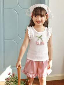 SHEIN Setelan Baju Bayi Perempuan (Ukuran Kecil) Rajut Jacquard Warna Krem dengan Hiasan Rumbai dan Celana Pendek Warna Pink dengan Hiasan Rumbai, Pakaian Musim Panas Bayi yang Lucu dan Menggemaskan - Berwarna merah muda - View 3