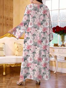 SHEIN Najma Gaun Maxi Arab Elegan Lengan Panjang dengan Desain Ikat Leher V, Motif Bunga Mawar dan Pola Digital untuk Wanita Ukuran Plus, Musim Semi - MultiWarna - View 2