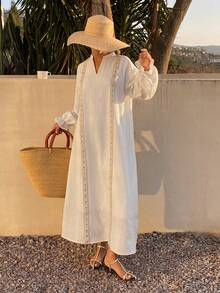 DAZY Đầm midi dáng rộng cổ chữ V thoải mái cho nữ, thích hợp cho kỳ nghỉ, lễ hội hoặc các dịp lễ hội. - Màu be - Xem 6