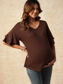SHEIN Women's Brown Maternity Summer Casual T-Shirt,Bohemian V-Neck Short-Sleeved Ruffled Loose Tops,Babyshower Coffee Brown Shirt Wear - Coffee Brown - View 4