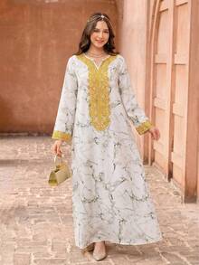 Teen Girl Elegant Geometric Pattern Floral Print Notch Neck Long Sleeve Long Maxi Dress - Multicolor - View 3