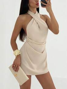 Aloruh 极简露背系带褶皱迷你杏色女装 - 杏色 - 查看 8