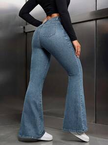 SHEIN PETITE 女士高腰口袋休闲百搭喇叭牛仔裤 - 藍色 - 查看 2