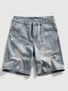 ROMWE MEN Street Life Men's Summer Casual Rhinestone Embellished Denim Shorts - Blue - View 8