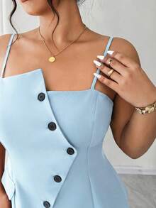 Elenzga Plus Size Elegant Baby Blue Top Women,Summer Office Commute Fashionable Asymmetric Waist Cinched Camisole With Adjustable Straps,A-Line Hem Slit Top - Baby Blue - View 6