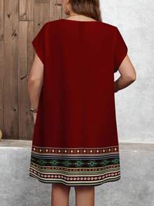 EMERY ROSE Casual Vintage Floral Print V-Neck Short Dress, Suitable For Spring/Summer Vacation Red - Burgundy - View 3