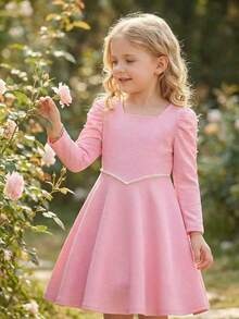Elladie kids 少女优雅方领珍珠装饰泡泡袖收腰A字红色公主风派对连衣裙，适合圣诞节、春季和秋季穿着。 - 粉色 - 查看 3