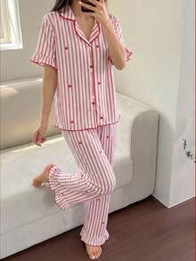 女童时尚可爱条纹爱心印花泡泡绉面料短袖上衣和裤子睡衣套装 - 紅色 - 查看 4