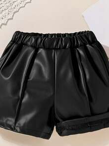 SHEIN Baby Girl Two Fashionable Simple Retro Shorts And Rubber Shorts, Suitable For All Seasons Of Wear. Fashionable And Versatile Shorts For Babies And Children, Daily Wear, Must-Have When - Black - View 3