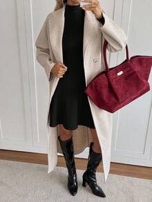 Easowa 高领修身A字中长连衣裙，长袖休闲宽松通勤复古风女短裙 - 黑色 - 查看 6