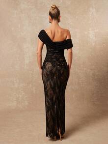 Lumalex 2025新款夏季海滩度假复活节波西米亚风沙滩户外婚礼季派对成人仪式返校派对优雅安哥拉红色网纱单肩褶皱装饰修身包臀长裙女装 - 黑色 - 查看 4