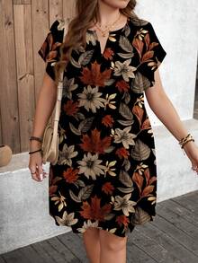 SHEIN LUNE Casual Vintage Maple Leaf & Floral Pattern Loose Short Sleeve Plus Size Dress, Suitable For Summer Spring - Multicolor - View 3