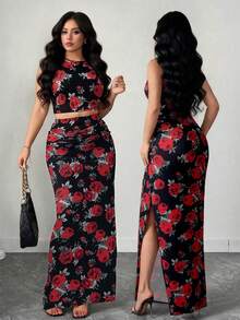 Elenzga Bộ đồ 2 món dành cho nữ cỡ lớn, gồm áo hai dây và chân váy in họa tiết da báo, gợi cảm và phù hợp cho việc đi lại hàng ngày. - màu đen - Xem 1