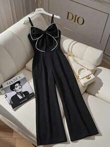 SHEIN 纹理面料吊带连体裤，法式蝴蝶结设计，小众优雅时尚，垂坠修身直筒连体裤，春夏款 - 黑色 - 查看 2