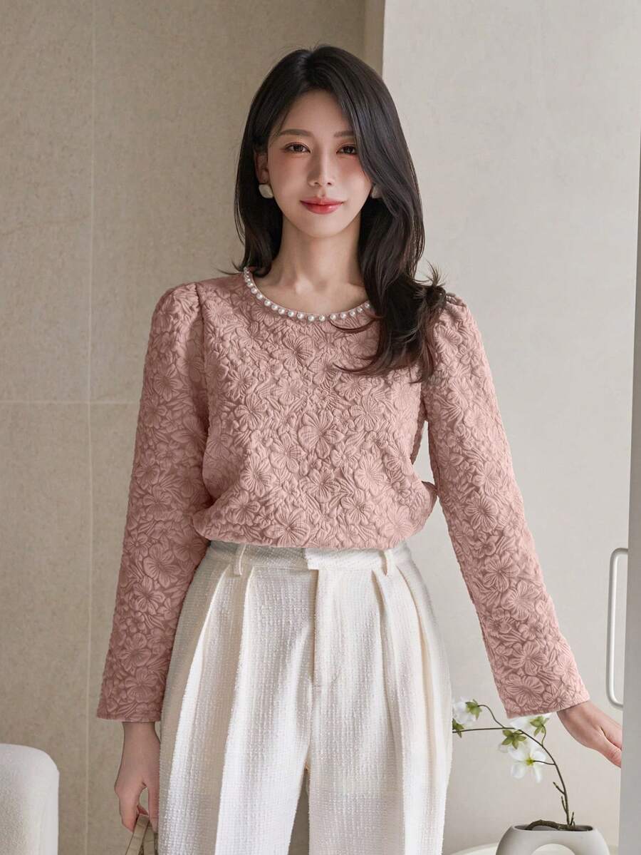 DAZY 女士优雅纯色纹理圆领泡泡袖串珠T恤,秋季 - 粉色 - 查看 1