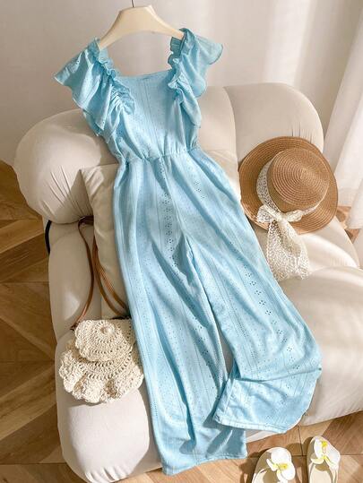 Elladie kids Tween Girls' Blue Textured Jumpsuit With Waist Cinching Design, Flutter Sleeves, Casual/Resort Wear Young Girl Blue Summer Outfit Sky Blue Girl Jumpsuit