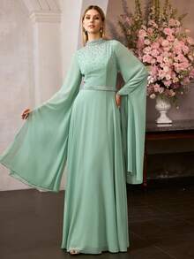 MOTF PREMIUM 女士高领及地晚礼服，饰有水钻，雪纺超长袖修身连衣裙，完美适用于正式场合 - 綠色 - 查看 6