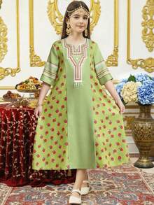 SHEIN Tween Girl Green Floral Print Retro Embroidery A-Line Maxi Vacation Dress,Autumn Boho Holiday Robe,Suitable For Festivals & Special Occasions,Jalabiya - Green - View 13