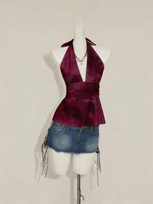 SHEIN ICON 女士休闲露背吊带紧身背心，适合夏季穿着，扎染印花，安哥拉红，露背设计 - 彩色 - 查看 4