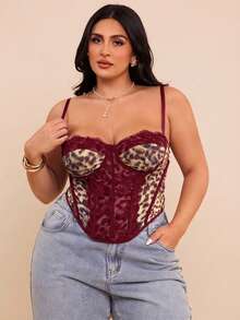 SHEIN BAE 大码女式豹纹蕾丝拼接吊带背心 - 酒紅色 - 查看 5