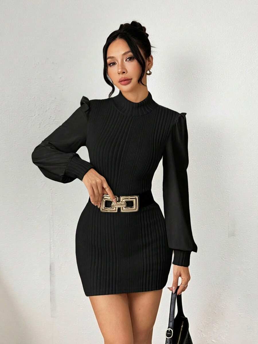 SHEIN PETITE Gaun Kerah Tegak Bergaris Lengan Bishop Warna Hitam, Ukuran Petite untuk Wanita